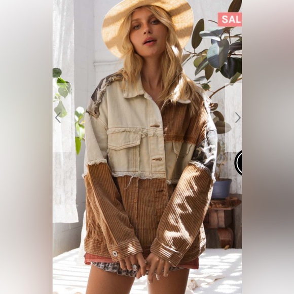 POL corduroy and denim jacket with patchwork design in sleve. NEW - Picture 2 of 4